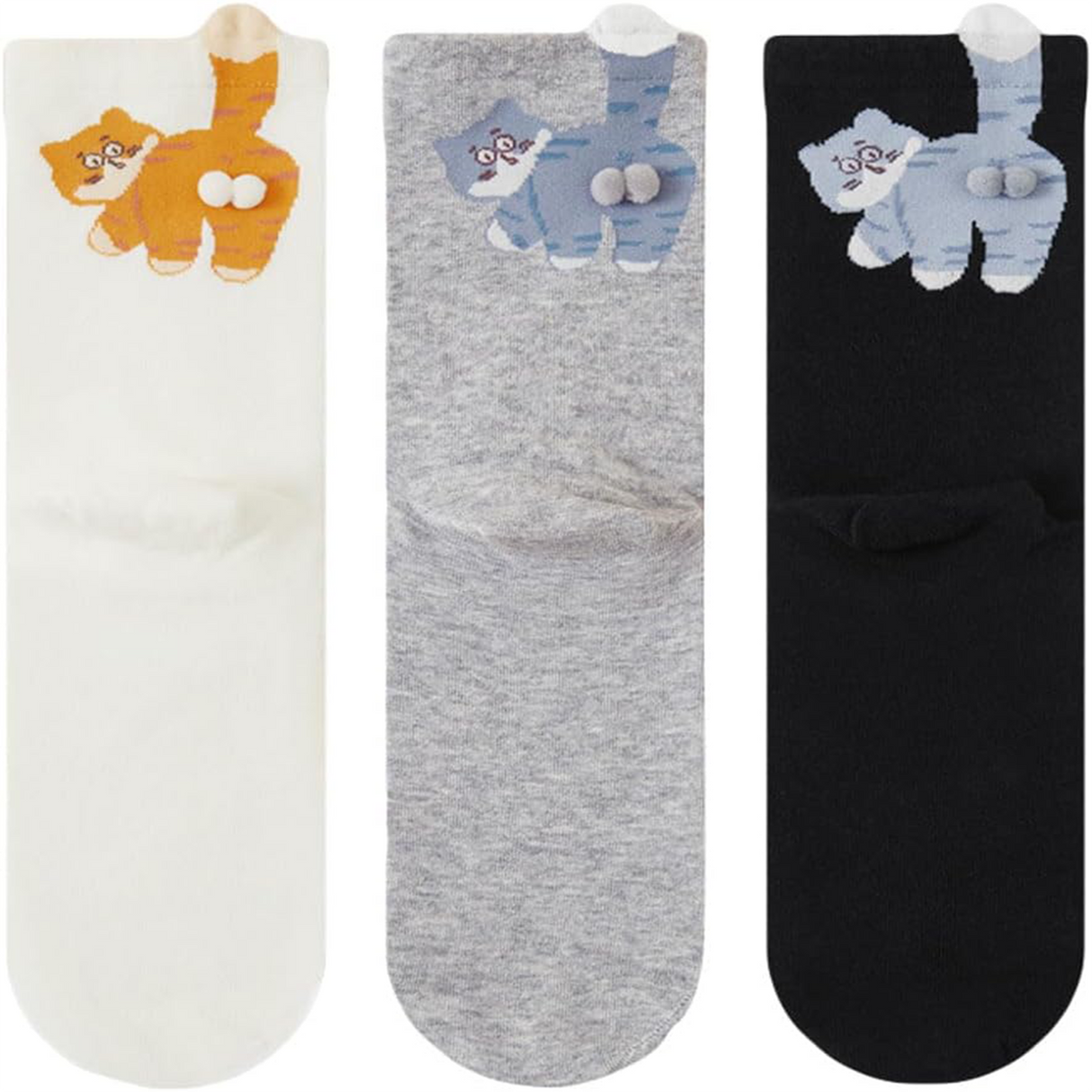 3 Pairs Cute Cat Socks with Balls, Novelty 3D Cotton Dog Animal Pom Pom Socks, Cat Lover Gifts for Women