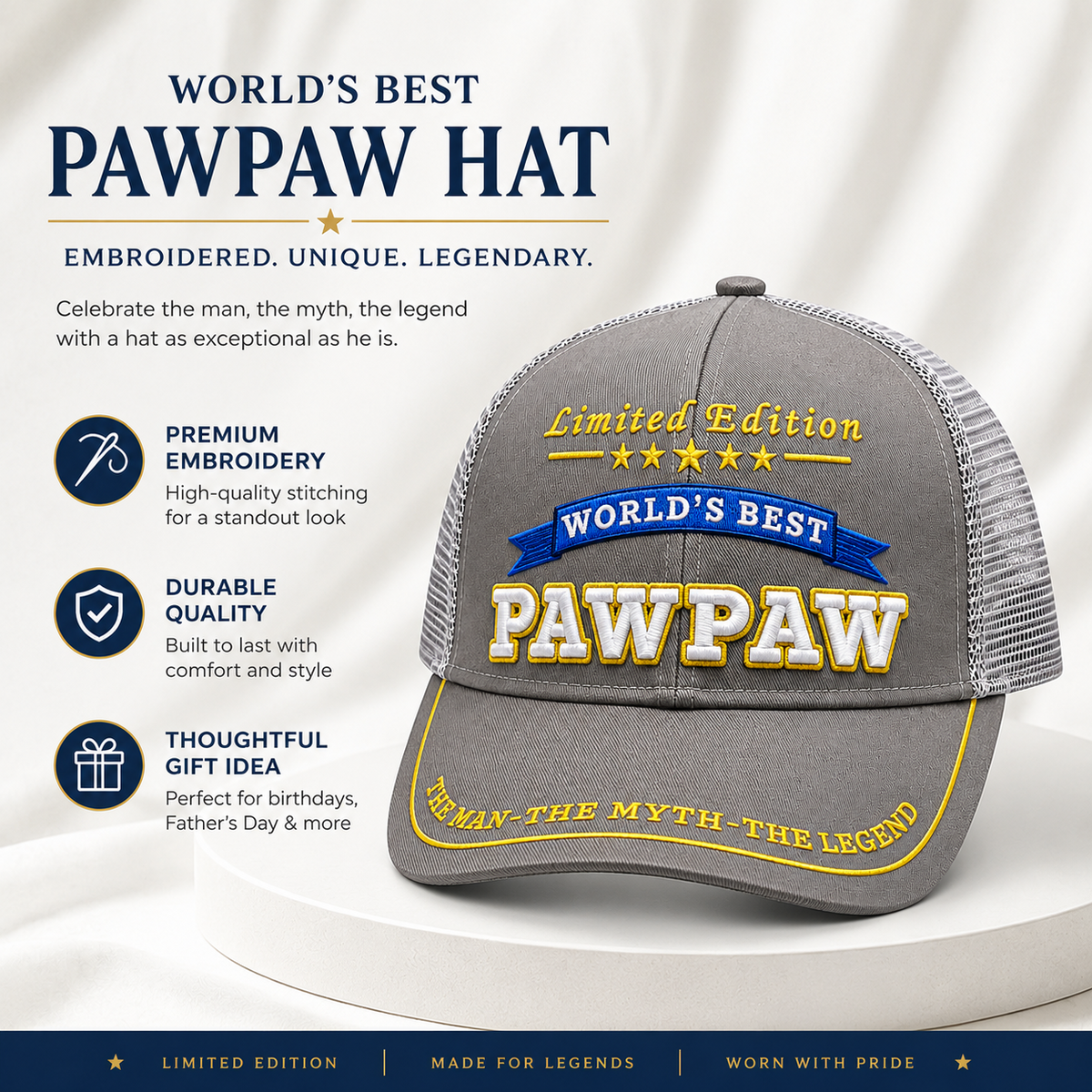 World's Best Pawpaw Embroidered Trucker Hat – Grandpa Birthday Gift