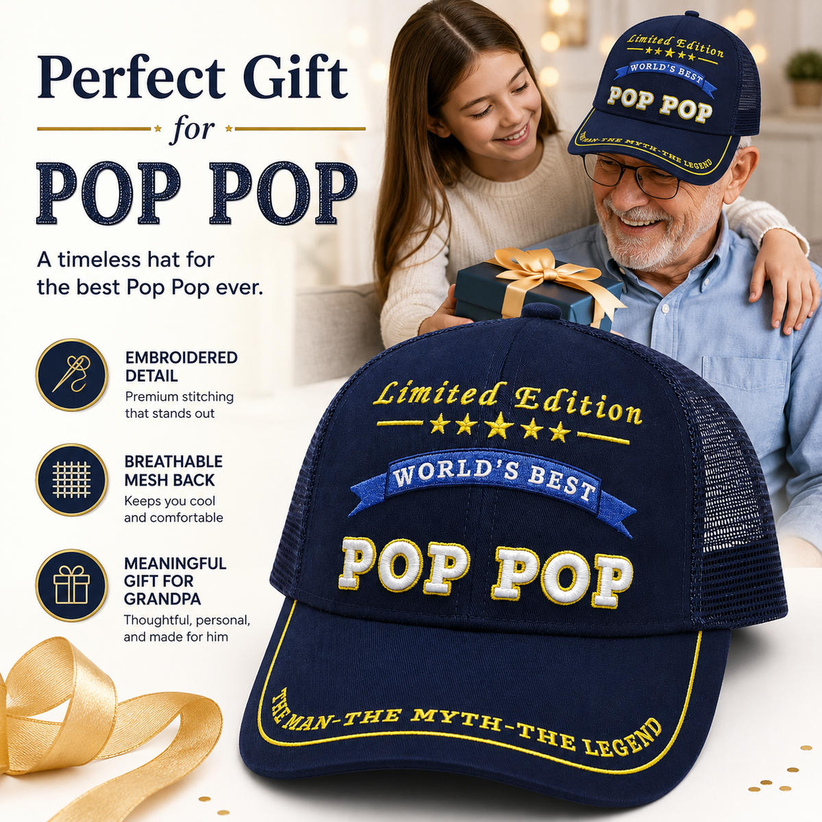 World's Best Pop Pop Embroidered Trucker Hat – Grandpa Birthday Gift