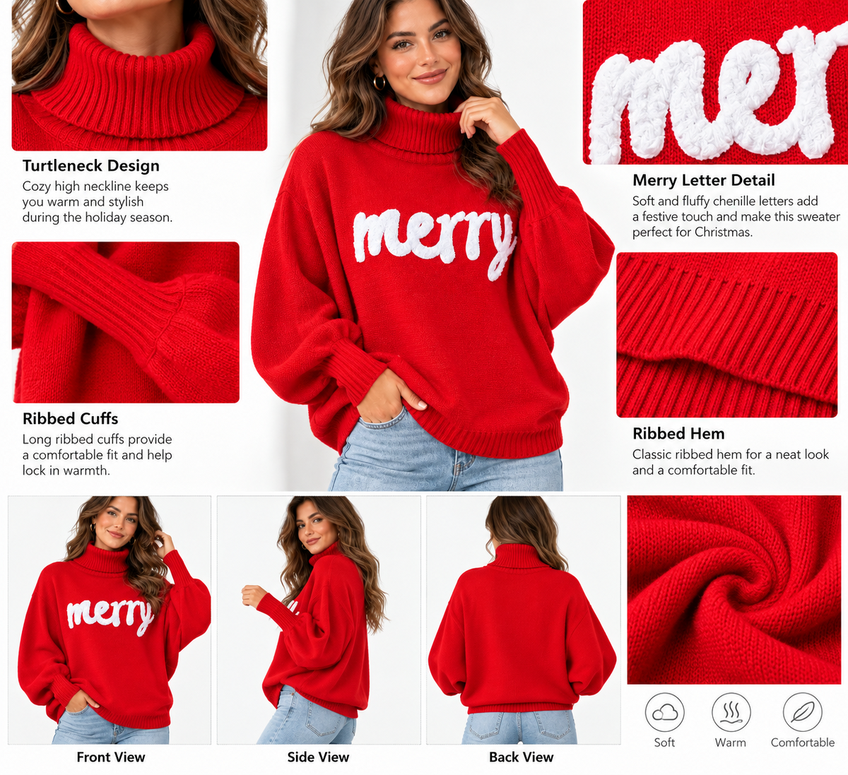 Women's Merry Christmas Turtleneck Sweater – Oversized Holiday Knit Pullover