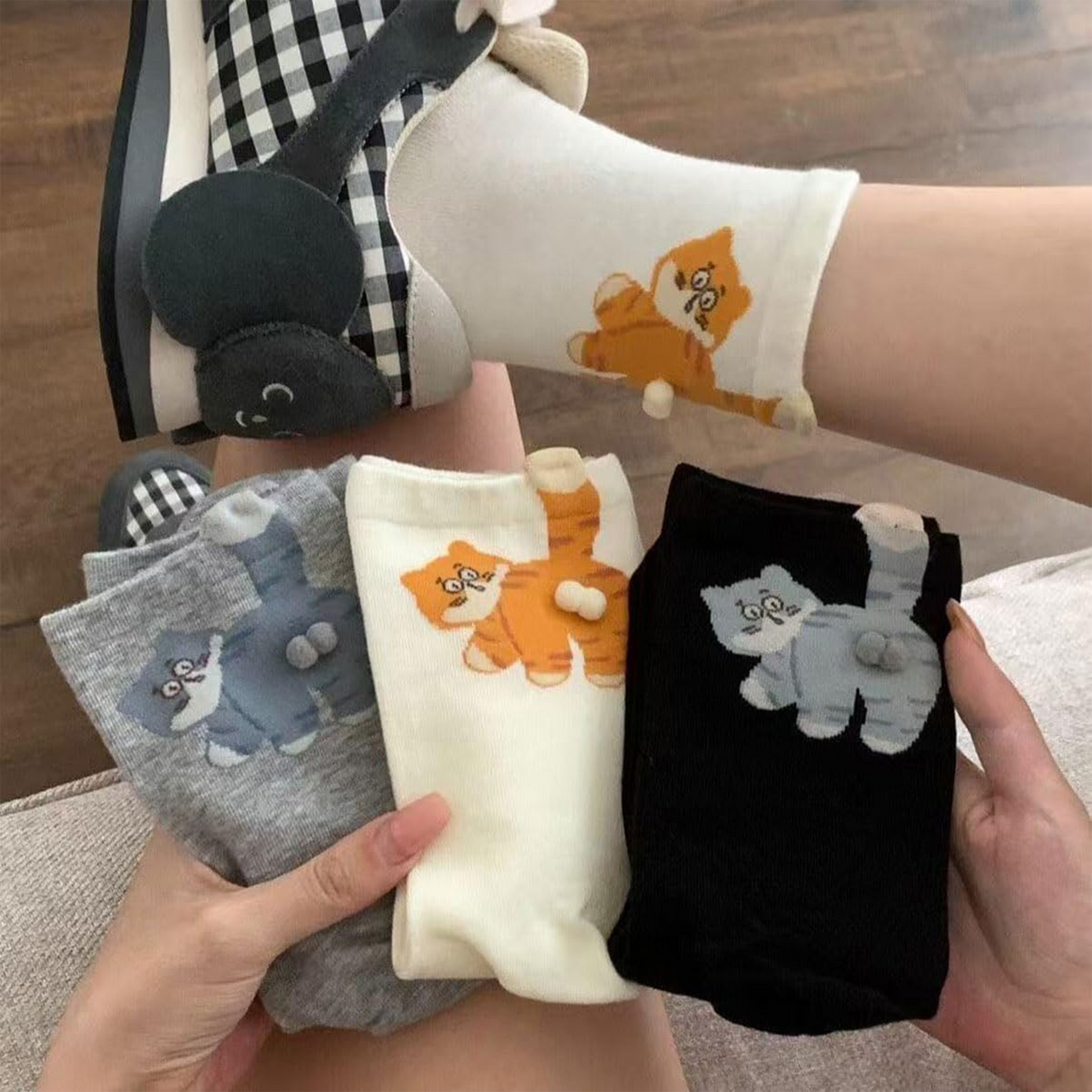 3 Pairs Cute Cat Socks with Balls, Novelty 3D Cotton Dog Animal Pom Pom Socks, Cat Lover Gifts for Women