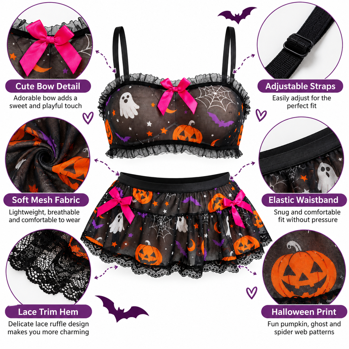 Women's Halloween Lingerie Set, 2 Piece Mesh Crop Top and Mini Skirt