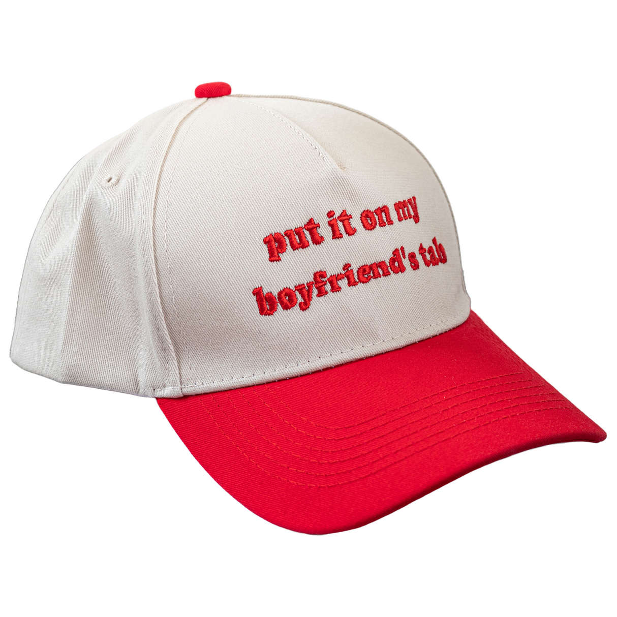 Embroidered Baseball Cap with 'Put It On My Boyfriend’s Tab' Text - One Size, Red/White