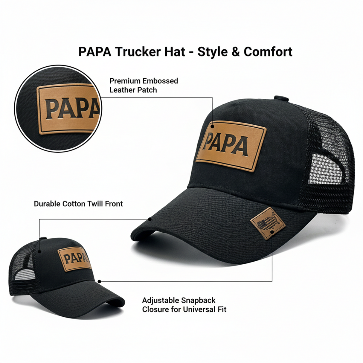 PAPA Patch Trucker Hat for Men, Leather Label Cotton-Polyester Mesh Cap