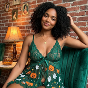 Women's Halloween Lace Babydoll Nightdress With Pumpkin Ghost Print