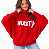 Women's Merry Christmas Turtleneck Sweater – Oversized Holiday Knit Pullover