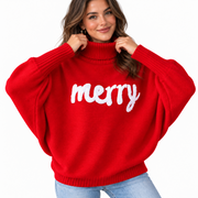 Women's Merry Christmas Turtleneck Sweater – Oversized Holiday Knit Pullover
