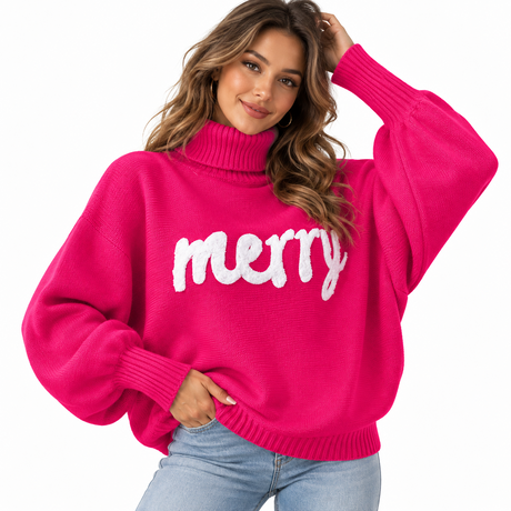 Women's Merry Christmas Turtleneck Sweater – Oversized Holiday Knit Pullover