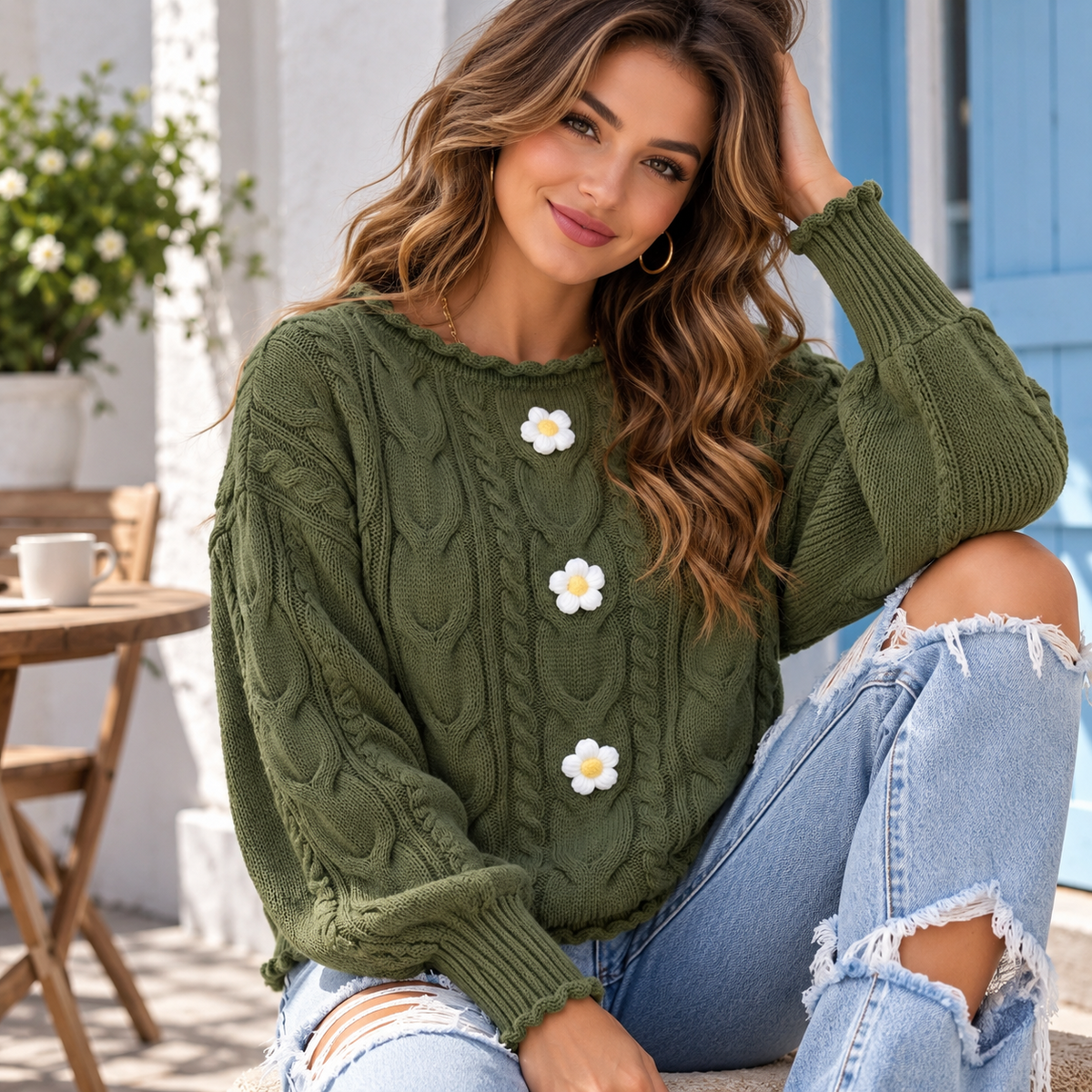 Women's Daisy Flower Cable Knit Sweater – Relaxed Fit Pullover