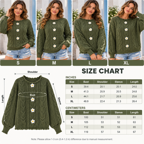 Women's Daisy Flower Cable Knit Sweater – Relaxed Fit Pullover