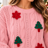 Women's Christmas Tree Snowflake Cable Knit Sweater – Holiday Pullover