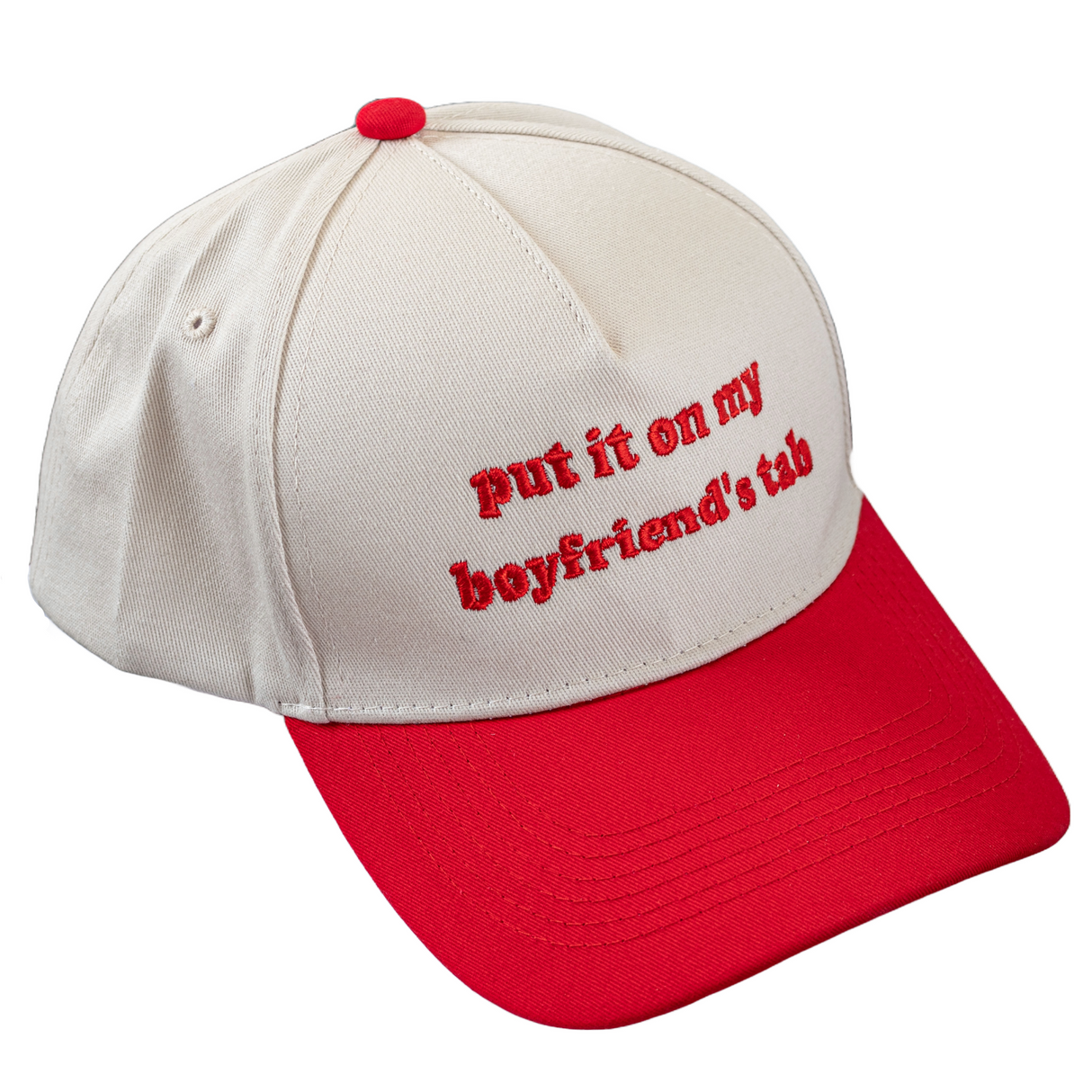 Embroidered Baseball Cap with 'Put It On My Boyfriend’s Tab' Text - One Size, Red/White
