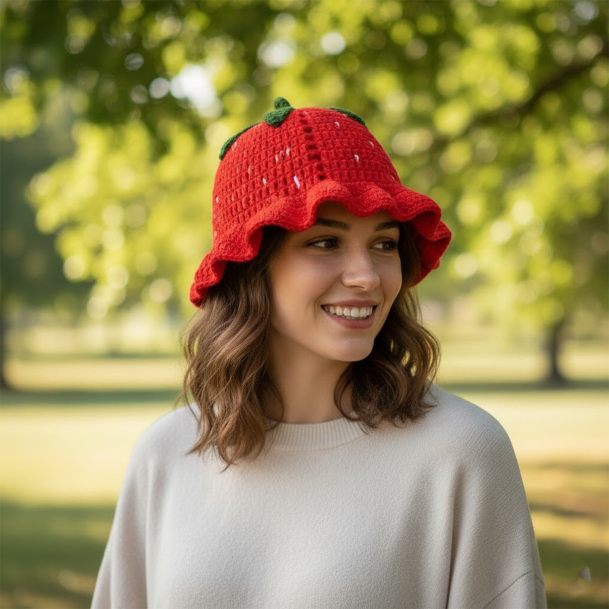 Crochet Strawberry Bucket Hats for Women Handmade Hat Cute Foldable Knitted Hats for Women