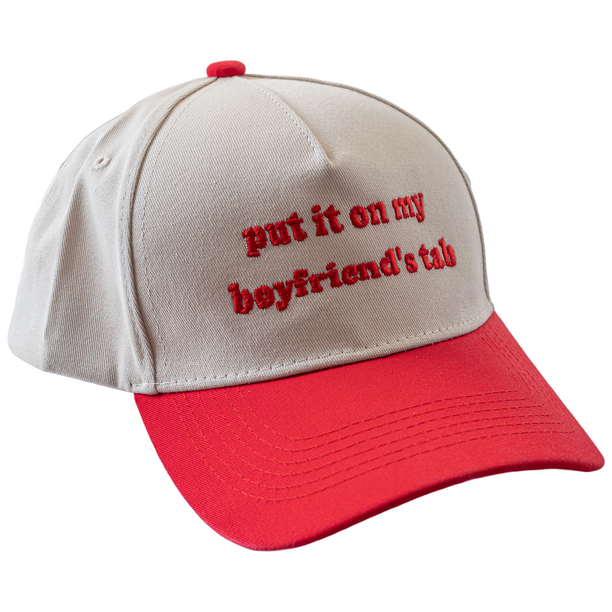 Embroidered Baseball Cap with 'Put It On My Boyfriend’s Tab' Text - One Size, Red/White