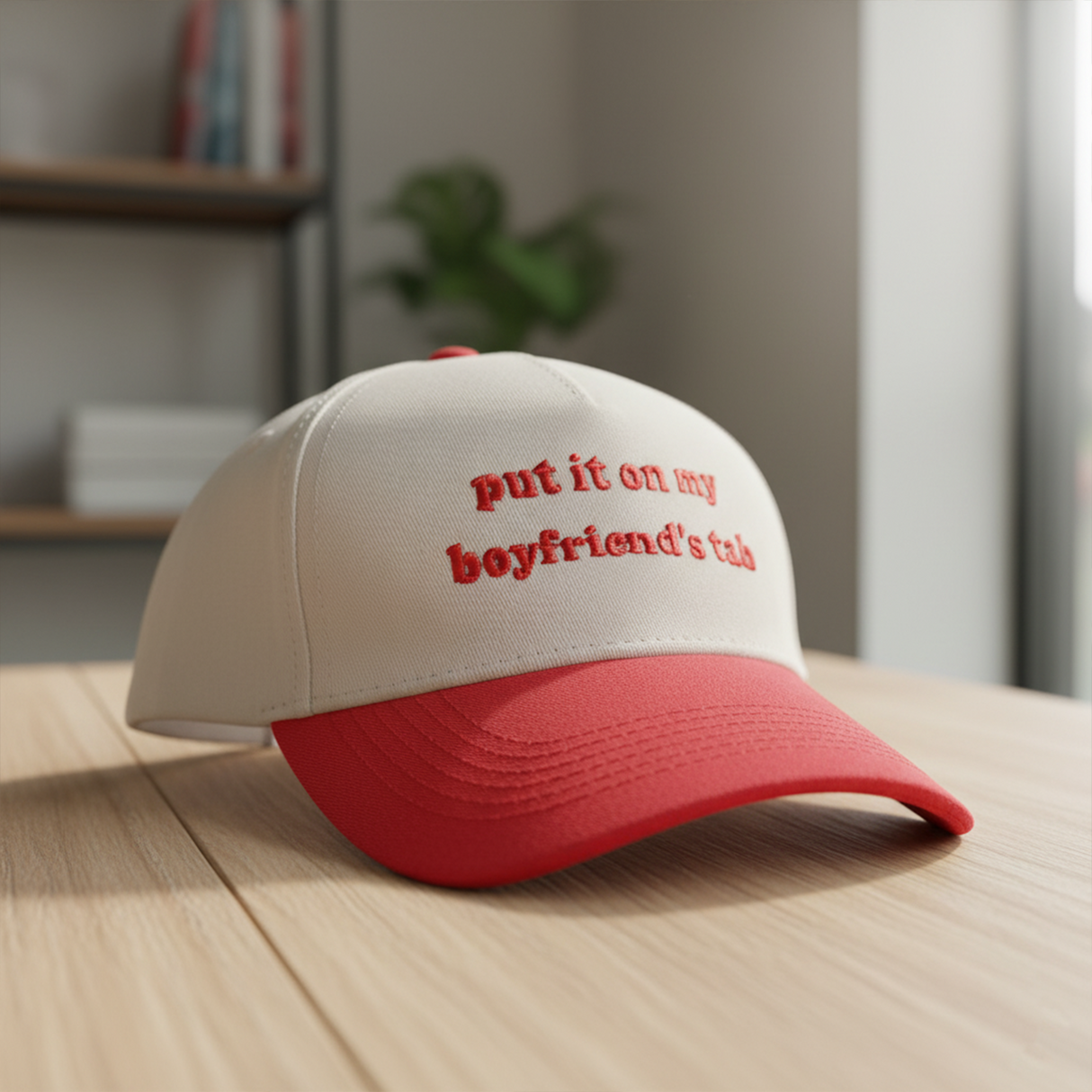 Embroidered Baseball Cap with 'Put It On My Boyfriend’s Tab' Text - One Size, Red/White