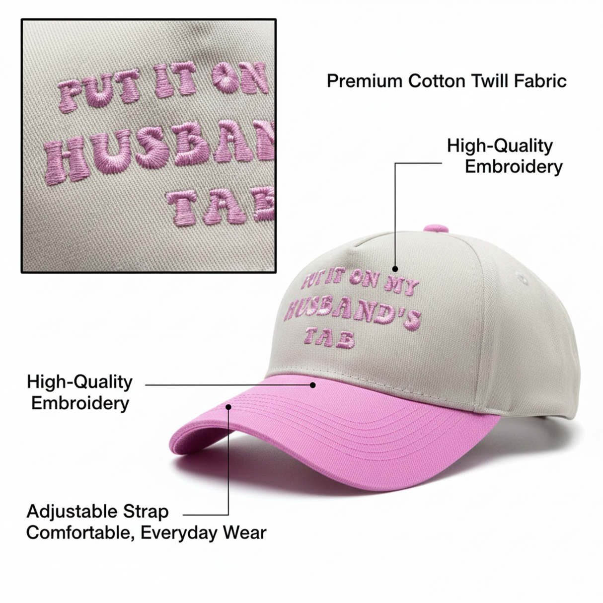 Women's Embroidered Baseball Cap - 'Put It On My Husband's Tab'