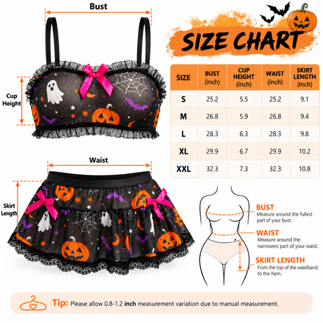 Women's Halloween Lingerie Set, 2 Piece Mesh Crop Top and Mini Skirt