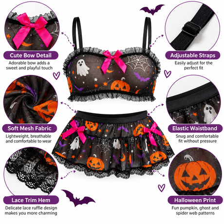 Women's Halloween Lingerie Set, 2 Piece Mesh Crop Top and Mini Skirt