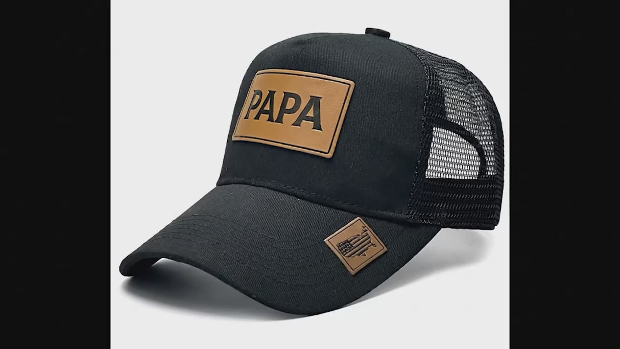 PAPA Patch Trucker Hat for Men, Leather Label Cotton-Polyester Mesh Cap